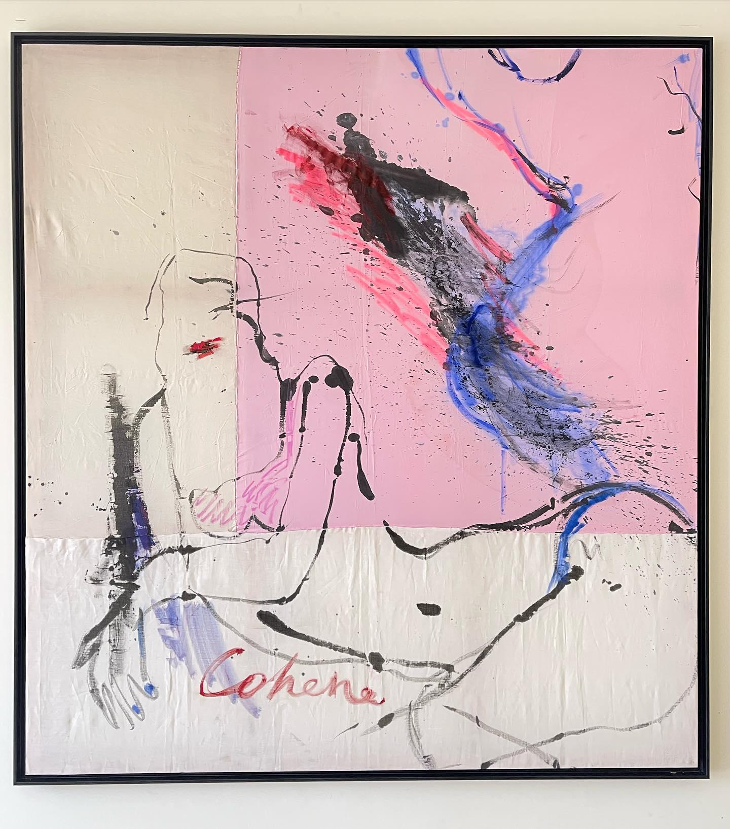 A square painting in a slim black frame on a white wall. The support is cloth pieced from panels — cream at the upper left, pink across the upper right, white along the bottom — the seams and creases visible. A nude is drawn over it in thin black brush line: a face in outline at the left with a red mark on it, an arm running down to a hand with drawn fingers at the lower left, and the body’s contour sweeping across the lower panel to a raised knee at the right. Across the pink field a mass of black, hot pink and cobalt blue is dragged, spattered and left to run. Signed in red at the lower centre.