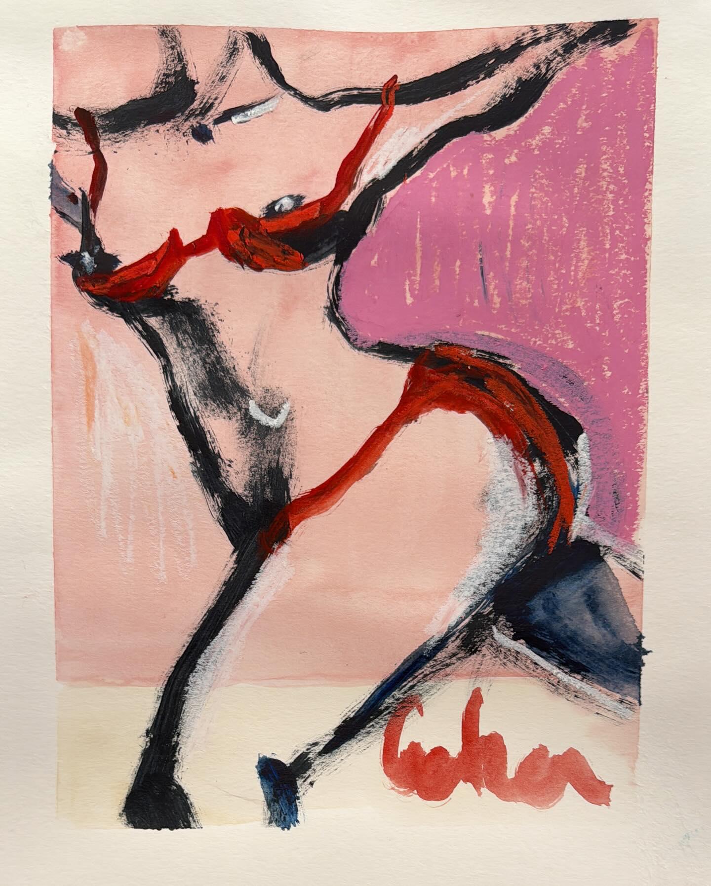 A nude on pale pink paper, closely cropped. Black brushed contour runs down the torso and legs; both arms are drawn in red, raised and meeting near the top left corner. A white crescent marks the breast. A block of magenta worked in vertical strokes fills the upper right, a deep navy wedge the lower right, and a band of cream runs across the bottom, where the work is signed in red.