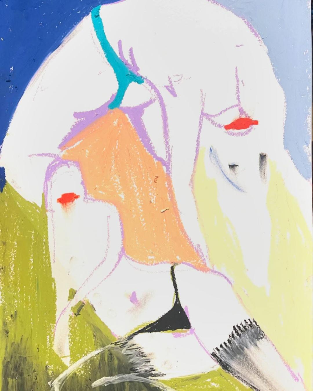 Oil pastel on white paper. A figure is drawn in lilac contour and the areas around it filled with flat blocks of colour: cobalt blue in the upper left corner, pale grey-blue at the upper right, olive green down the left side and along the bottom, pale yellow at the right. A breast at the upper right and a smaller one at the left each carry a bright red mark at the nipple. An orange wedge runs down the centre; a black triangle and two patches of black and grey hatching sit along the lower edge.
